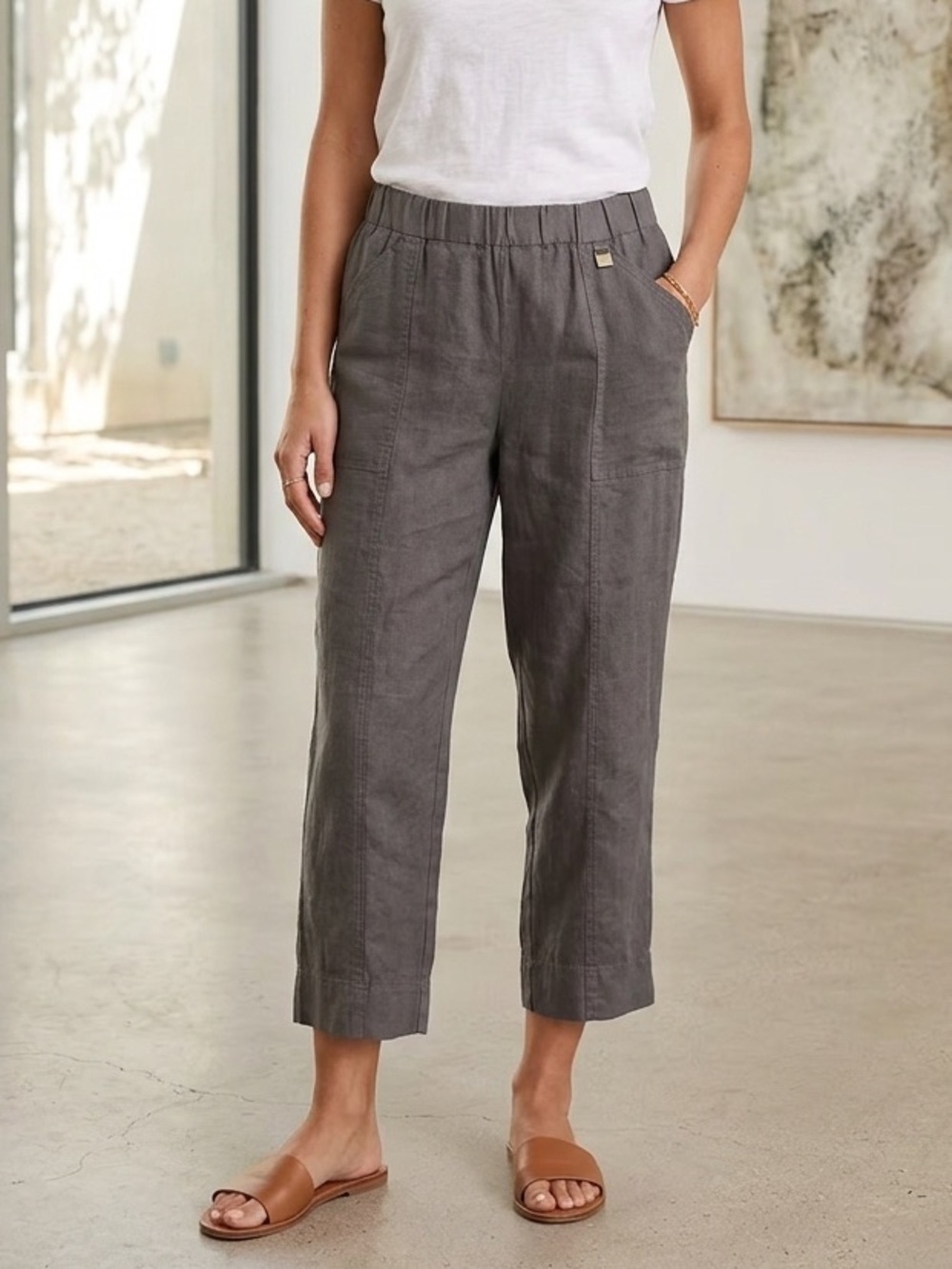 100% Linen Ellen Tracy Grey Pull-On Crop Pants